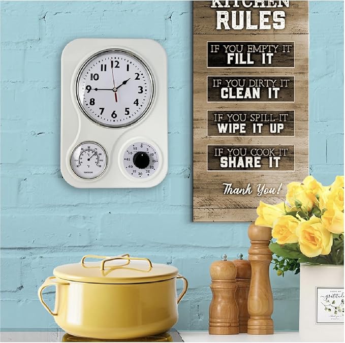 Lily's Home - 9 Inch x 12.5 Inch - Retro Kitchen Wall Clock, Vintage Wall Clock with a Thermometer and 60-Minute Timer, Ideal for Any Kitchen, Office, or Diner (White)