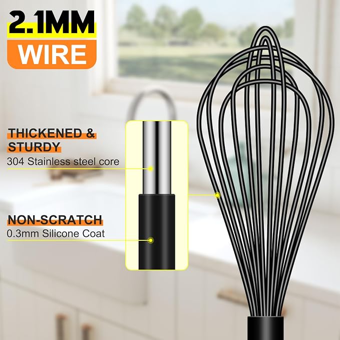 HOTEC 4 Pieces Silicone Whisks Set, Wire Balloon Whisks for cooking Egg Beater, Non-slip Handle Whisk for Non-stick Cookware Perfect for Cooking, Stirring, Beating and Blending,Black