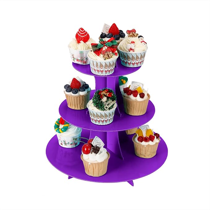 YLDW Cupcake Stand, 3-Tier Cupcake Stand Display, Cardboard Cup Cake Tower Stand, Disposable Dessert Stand for Birthday Tea Party Baby Shower Treat Decorations, Purple