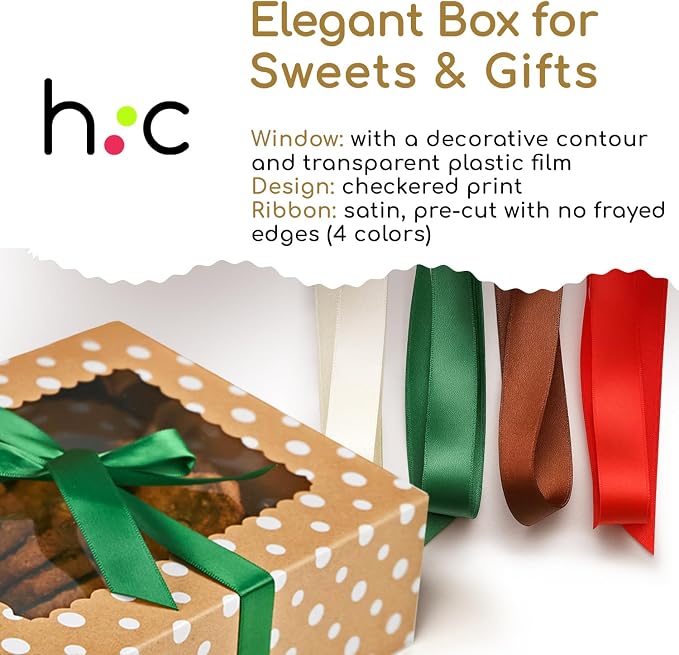 Brown Kraft Cookie Boxes with Ribbons & Window (20 Pack) 8.3 x 6 x 2.8” Food Grade Cardboard Bakery Gift Boxes for Christmas Gift Giving, Baked Goods, Candy Treats, Decorative Holiday Packaging, Empty