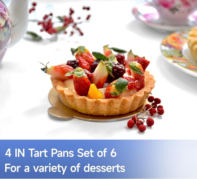 6 Pack Mini Fluted Tart Pans 4 Inch with Removable Bottom, Nonstick Quiche Pan with Silicone Basting Pastry Brush for Baking Treats, Pie, Quiches, Tartlets