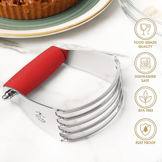 Zulay Kitchen Professional Dough Blender - Heavy Duty Stainless Steel Pastry Cutter with Blades for Baking - Premium Butter Cutter & Dough Mixer, Red