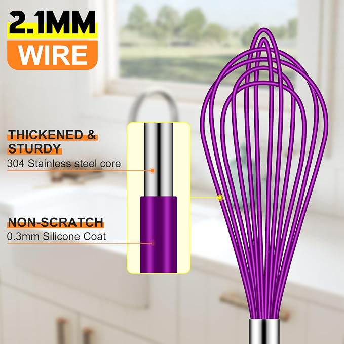 HOTEC 4 Pieces Silicone Whisks Set, Wire Balloon Whisks for cooking Egg Beater, Non-slip Handle Whisk for Non-stick Cookware Perfect for Cooking, Stirring, Beating and Blending,Purple