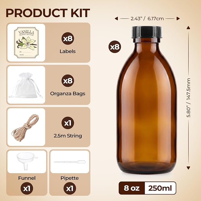 8 Pack 8oz Vanilla Extract Bottles, Amber Glass Bottles with Caps and Labels Small Boston Round Bottles for Homemade Gifts, Essential Oils, Potions, Tinctures & Liquids - Airtight & Leakproof