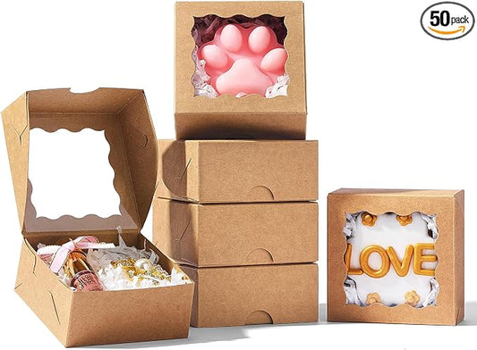 SLShePack 3x3x1.5Inches 50PCS Small Gift Kraft Boxes with Window for Cookie,Chocolate truffle,Chocolate Covered Strawberries Homemade Soap Boxes