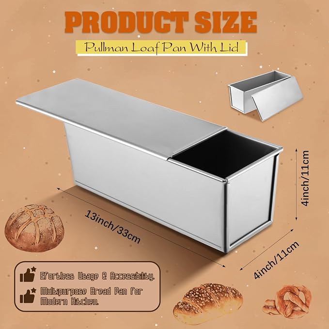 1 Pack Pullman Loaf Pan with Lid, 13x4 Inch Large Capacity Bread Loaf Pan with Cover, Non-Stick Bakeware for Baking Bread, Carbon Steel Bread Toast Box with Cover, Pullman Loaf Pan for Sandwich Bread
