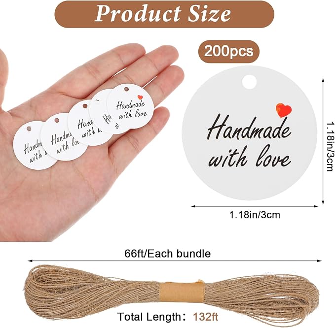TIESOME 200Pcs Handmade with Love Tags, Paper Gift Labels with Twine String