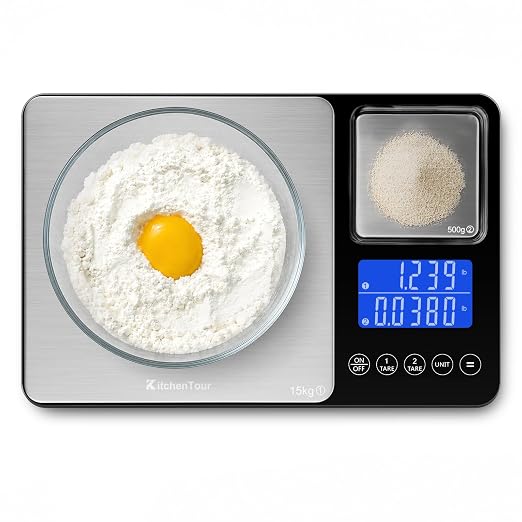 KitchenTour Digital Food Scale for Kitchen, 0.001oz/33lb Dual Platform Precision Smart Kitchen Scales Digital Weight Grams and Ounces for Home Cooking Baking Meal Prep Sourdough Bread, Stainless Steel