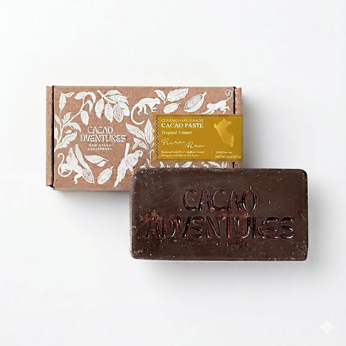 Cacao Adventures Ceremonial Cacao Block, Tropical Desert Peru, 8 oz | Piura Blanco heritage cacao · 100% pure paste, unsweetened · Bright, citrus-forward · Dairy-free, vegan, gluten-free