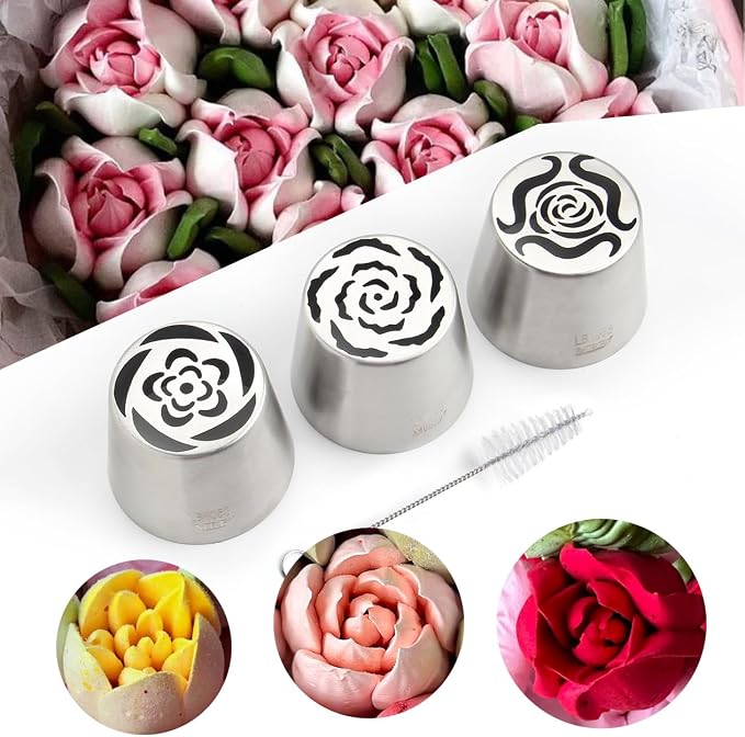 3 Pieces Stainless Steel Extra Large Russian Tulip Icing Tips Kit, Cupcake Dessert Marshmallow Piping Nozzle,1 Cleaning Brush for Cake Decorations,Pastry Baking Tools