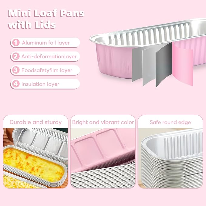 Ruckae 100 Pack Mini Loaf Cake Pan with Lids and Spoons Disposable Aluminum Tin Foil Pans Rectangle Mini Loaf Pans with Lids for Baking,Party,Picnics,Holidays (Pink)