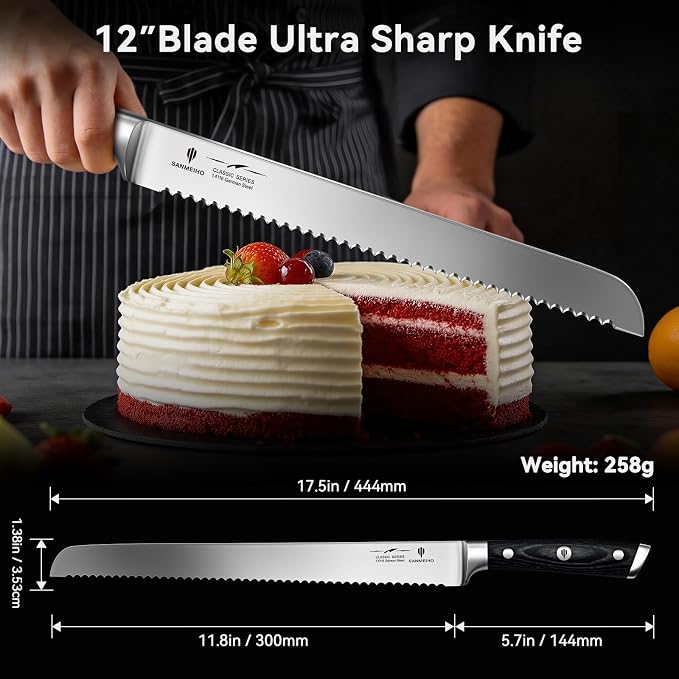 12" Bread Knife - Sourdough Slicing Knife Professional German 5Cr15MoV Stainless Steel Serrated Blade, Ergonomic Wood Handle & Full Tang Design, Gift Box Included (Single-Edge