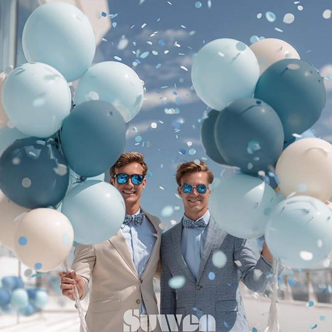 SUWEN Dusty Blue Balloons 60Pcs,12 inch Light Blue and Sand White Latex Balloons for Birthday Gender Reveal Party Decorations