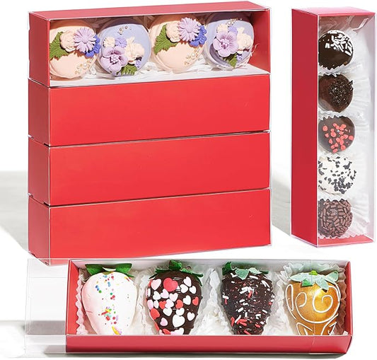 TEMLQPACK Bakery Packaging Supplies: 12Pack Red Chocolate Covered Strawberry Box for 4, Macaron Boxes, Long Treat Box for Truffles, Cookies, Ores, Chocolate Cocoa Bombs & Cake Ball