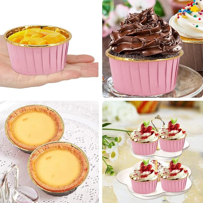 Cupcake Liners with Lids 50 Pack,LNYZQUS 5oz Large Foil Cupcake Cups Muffin Tins,Disposable Baking Cups Muffin Liners Wrappers Holders for Wedding Valentine-Pink in gold