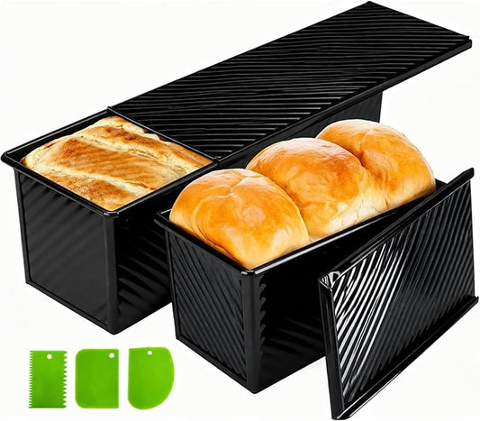 Pullman Loaf Pan, 2 Pack Bread Pan with Lid, 13x5 & 8x4 Inch, Black | Nonstick Pullman Loaf Pan with Lid 2.2lb&1lb Aluminized Steel Sourdough Sandwich Bread Loaf Pan with Cover Pullman Bread Pan