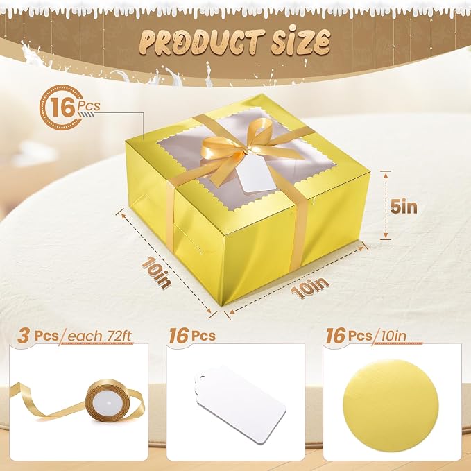32Pcs 10 Inch Cake Boxes with Cake Boards (16Pcs Gold Cake Boxes, 16Pcs Cake Boards), 10x10x5 Inch Bakery Boxes with Window, Cake Carrier Container for Birthday Party, Wedding