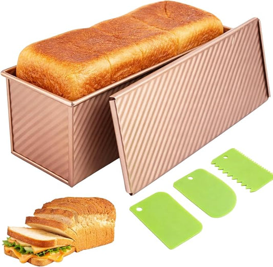 Pullman Loaf Pan with Lid, 13x4.7 Inch 2.2LB Nonstick Sandwich Bread Pan with 3 Dough Scrapers, Heavy Duty Square Toast Box for Sourdough & Homemade Bread Baking