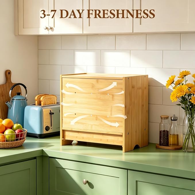 2 Tier Bread Box with Slicer and Cutting Board Extra Large | Bread Storage,Keep Bread Fresh,Natual Bamboo,Large Capacity,Space-Saving,Acrylic Window,For Homemade Bread,Kitchen Storage