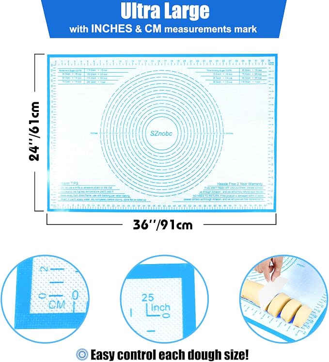 Silicone Pastry Mat 36x24 Inch Extra Large Baking Mats with Measurements, Great for Dough Rolling, Pastry, Pie Crust, Fondant, Cookies, Bread, Pasta, Pizza, Counter Mat