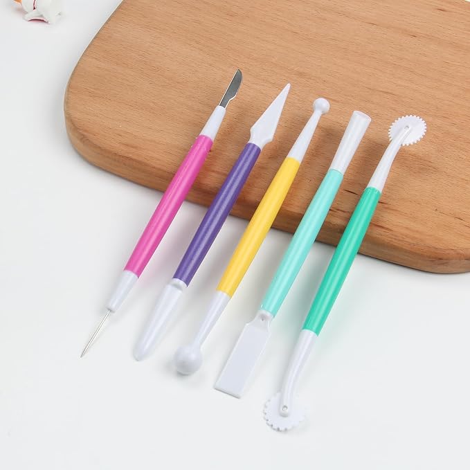 5-Piece Cake Decorating Sculpting Kit, DIY Fondant & Gum Paste Modeling Tools for Cake, Cookie Decorating, Includes 1 Ball Tool, 1 Rolling Pin, 1 Smoother, 1 Cutter, 1 Veining Tool