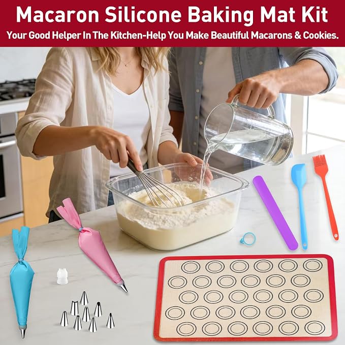 44 Pcs Macaron Silicone Baking Kits, Macaron Baking Supplies,2 Macaron Silicone Baking Mats,24 Piping Tips,4 Piping Bags,4 Cable Ties,4 Connectors,2 Brushes,2 Scrapers,and 2 Tapping Rings