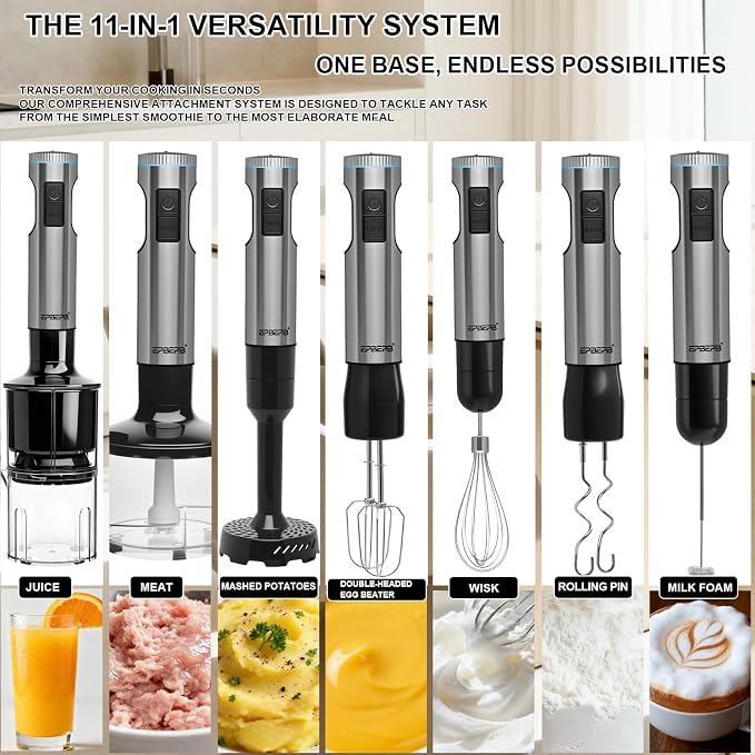 Handheld Immersion Blender Bundle, 1000W Powerful 12-in-1 Set for Smoothies,Orange Juicer,Minced meat,Milk frother,Egg Beater, Dough Hook, Vegetable Chopper, Potato Masher