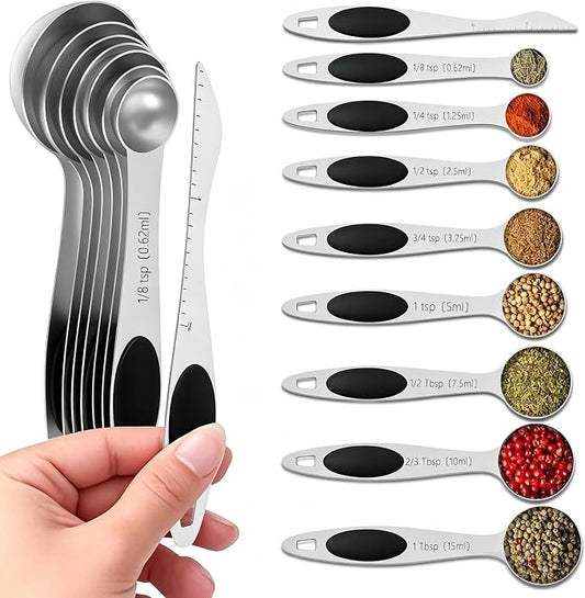 Measuring Spoons,Magnetic Measuring Spoons Set,304 Stainless Steel 8 Single Side Measuring Spoons Set and 1 Leveler with Strong N45 Magnetss,Heavy Duty Metal Kitchen Gadgets for Baking & Cooking