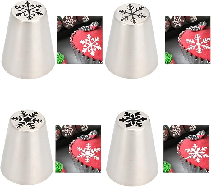 4PCS Christmas Russian Icing Tips Set, Stainless Steel Piping Nozzles for Cake, Cupcake Cookie Decorating – Includes 4 Creative Festive Frosting Tips with Christmas Designs