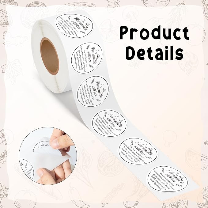PANTIDE Cottage Food Law Labels Stickers - 500 Count Homemade with Love Adhesive Round Decal Roll, Made in a Home Kitchen Inspection Statement Thermal Printed for Baked Food Packaging (2 x 2 Inch)