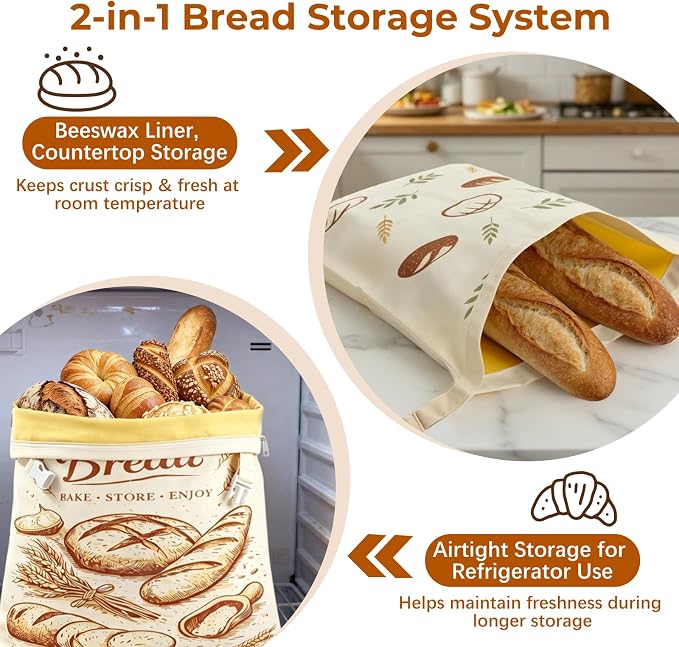 Beeswax Linen Bread Bags with Zipper & Buckle Closure, 2 Pack XL | Reusable beeswax linen bags. Preserve freshness and texture of sourdough and artisan loaves for daily storage.