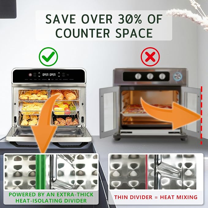 HYSapientia Dual Zone Air Fryer Toaster Oven Combo,10-in-1 Inner and outer Stainless Steel Air Fryer with Rotisserie,24QT Extra Large Countertop Convection Oven,13 Accessories,Even Heating