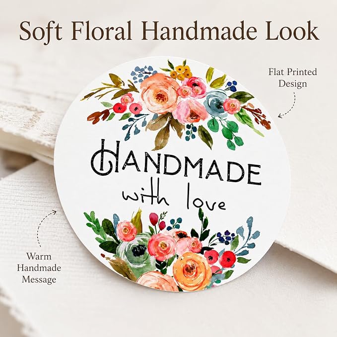 Handmade Floral Stickers Labels: Strong Adhesive 120 Pcs 1.6" Round Seals for Bakery Treat Bags Gift Wrap Envelope Closing for Small Business Packaging Wedding Shower Favors