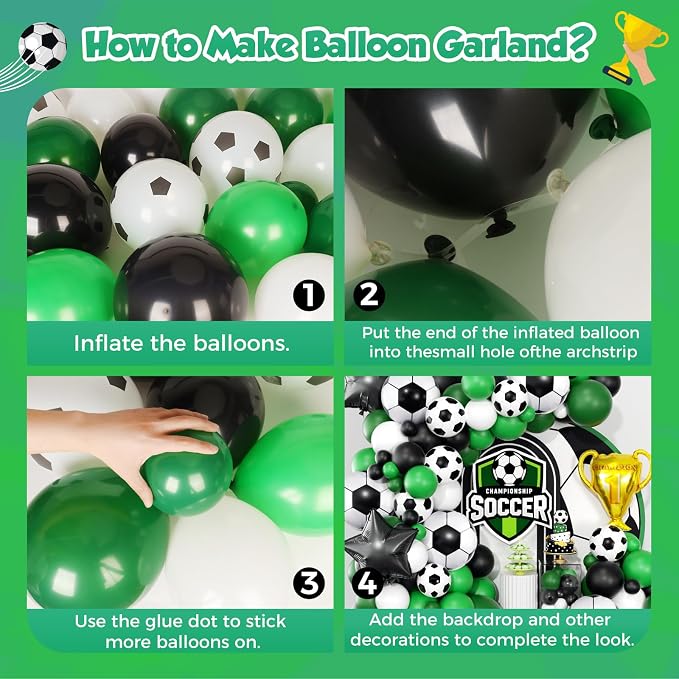 Soccer Party Decorations 153Pcs, World Soccer Balloon Garland Arch Kit with 18'' Football Foil Balloons, Green White Football Print Balloons for Boys Sports Fan Birthday Soccer Party Decor