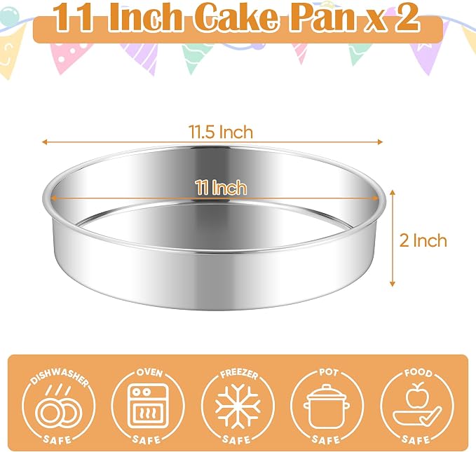 E-far 11 Inch Cake Pan Set of 2, Stainless Steel Large Round Baking Pans Tins, Non-Toxic & Leak-Proof Mold for Birthday Wedding Layer Tiered Cake, Easy Clean & Dishwasher Safe