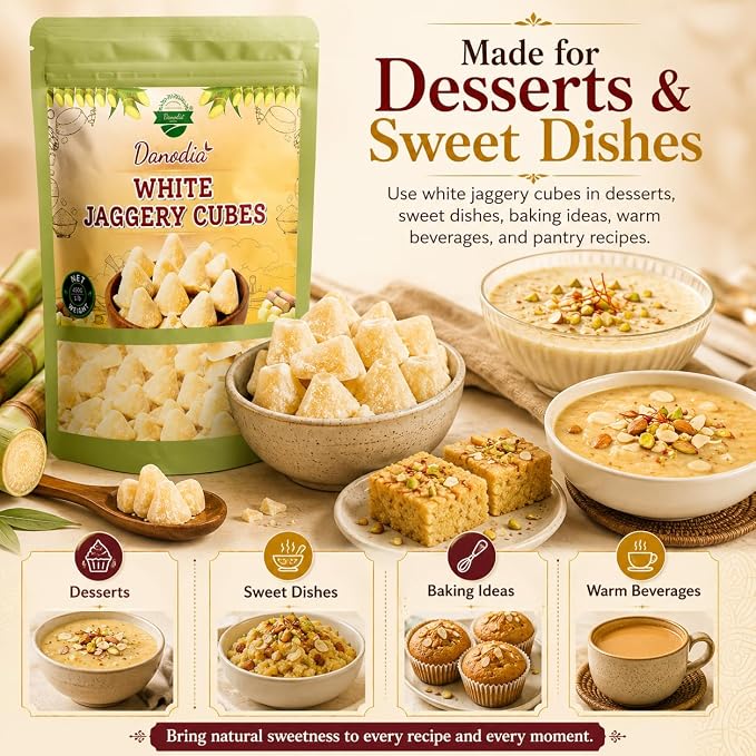 Danodia Foods Organic White Jaggery Cubes, Cane Gur Sweetener, 1 lb Pack | Jaggery gur pieces for chai, coffee, desserts and cooking; Gluten-Free, Vegan; traditional Indian cane sweetener; pantry use