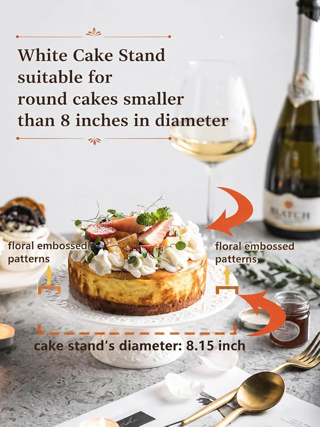White Cake Stand – Fits Cakes Smaller Than 8 Inches, Porcelain Dessert Plate for Party, Christmas, Baby Shower, Birthday, Home Decorating Stand