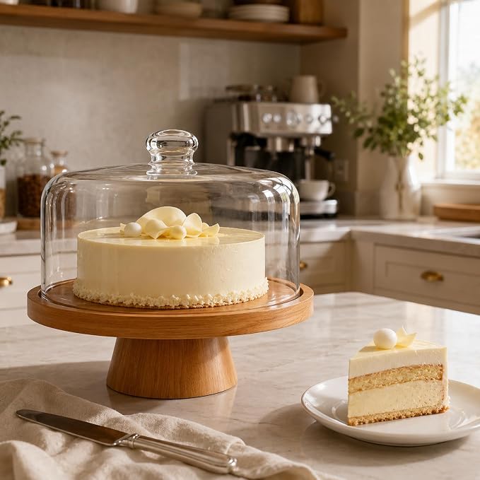 Bamboo Cake Stand with Glass Dome Lid, 12 Inch Wooden Cake Holder with Magnetic Base, Detachable Serving Tray for Cake, Cheese, Charcuterie, Snacks, Desserts, Party & Kitchen Display
