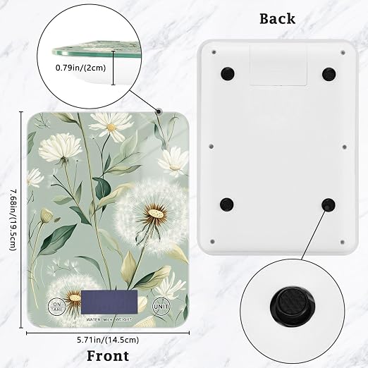 Sage Green Dandelion01 Food Scale Kitchen Digital Scale Food Ounces and Grams Dieting Baking Cooking Waterproof Glass Panels LCD Display,4 Units Tare Function