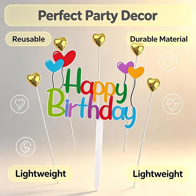 Colorful Happy Birthday Cake Topper Set Balloon Design and Gold Hearts, Great for Kids' Birthdays, Cupcakes Party Decor