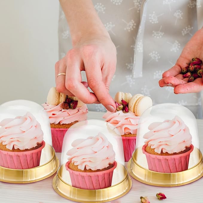 Mimorou Individual Cupcake Boxes Clear Plastic Cupcake Containers Disposable Single Holder with Lid Tall Cake Carrier 5.3 Inch Diameter 4.3 Inch Height with Stickers for Wedding(Gold,200 Pcs)