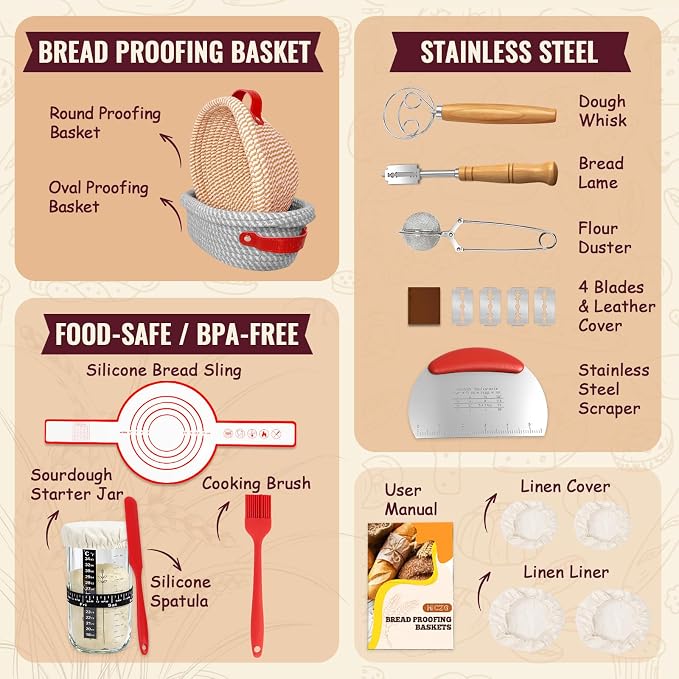Sourdough Starter Kit, 9 Inch Round & 10 Inch Oval Banneton Bread Proofing Basket Set, 18 PCS Complete Sourdough Baking Supplies for Bread Making, Foldable Proofing Baskets,Gift for Bakers Women