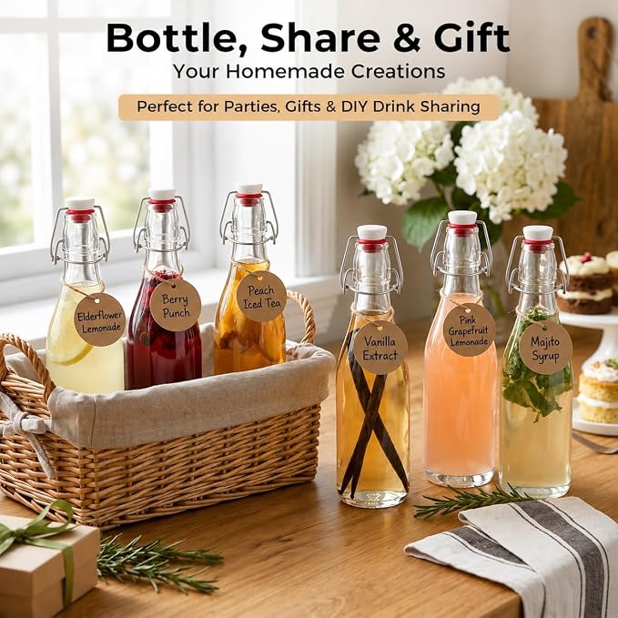 Ruckae Swing Top Glass Bottles,Flip Top Glass Bottle with Lids Sealable Kombucha Bottle for Brew Beer Syrup Vanilla Extract Air Tight Bottles for Gift (12 oz 10 pack)