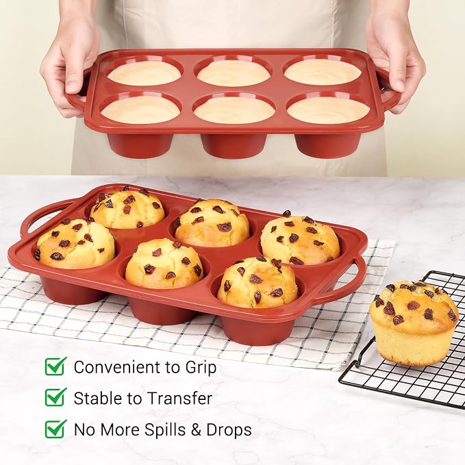 JOERSH 2 Pack Jumbo Muffin Pan with Metal Frame, 6 Cup Large Cupcake Mold with Handles, Non-Stick Silicone Baking Tray for Jumbo Muffin, Cupcake, Egg Bite