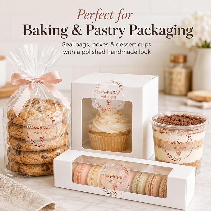 Handmade with Love Gold Foil Stickers, Pack of 100 Embossed Matte Gold Seals for Bakery Packaging, Treat Bags, Pastry Boxes, Small Business Thank You Labels for Gift Wrapping, 1.7 Inch (Rose)