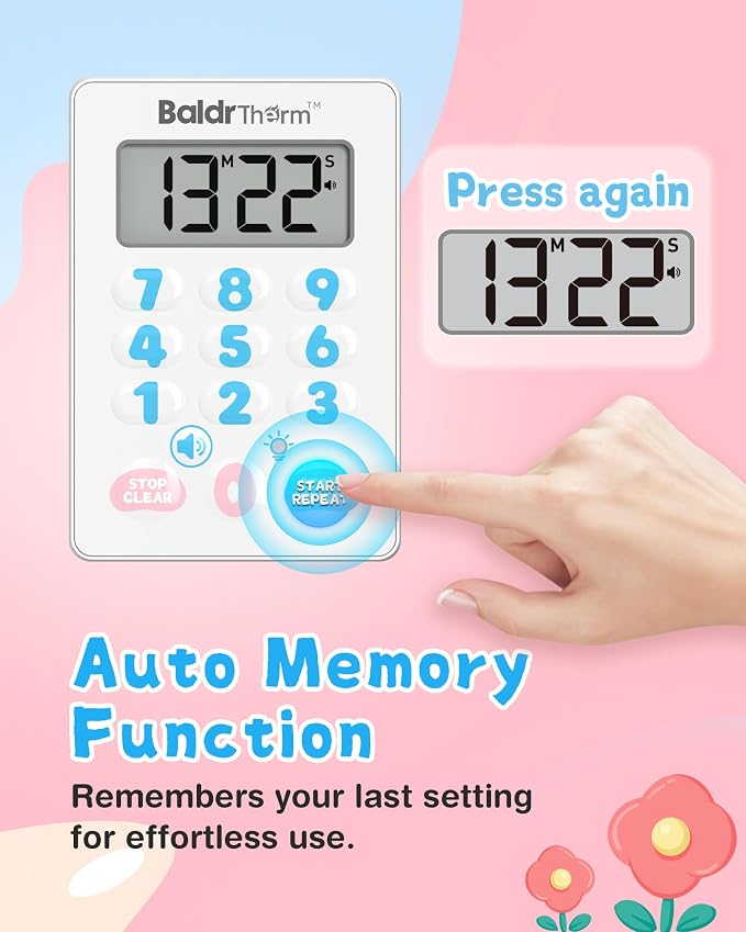 BaldrTherm Digital Kitchen Timer Waterproof, Strong Magnetic Cooking Timer with 3 Adjustable Volume Levels & Silent Flashing Light, Countdown Timer for Cooking, Baking Shower, Classroom, Cute