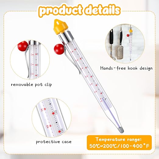 Photect Candy Thermometer with Pot Clip 8" Deep Fry Oil Thermometer for Candy Making Instant Read Cooking Food Thermograph Sugar Syrup Jam Jelly Oil Temperature Kitchen Accessories(Yellow,2 Pcs)