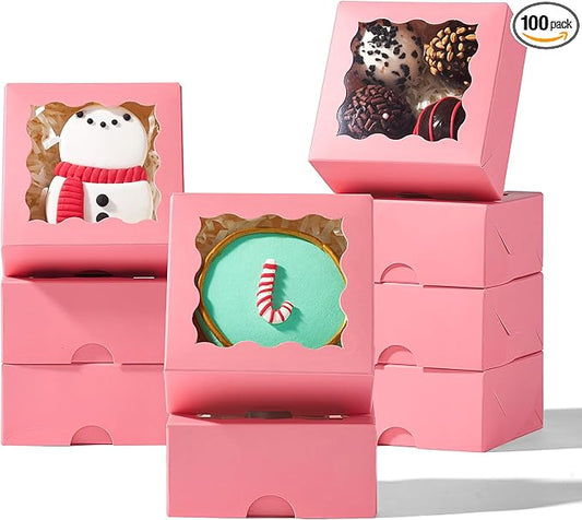 3.2x3.2x1.5 Inches 100PCS Chocolate Truffle Boxes Mini Bakery Boxes with Window for Cookies,Soap,Donut, Macaron,Brownie(Pink)