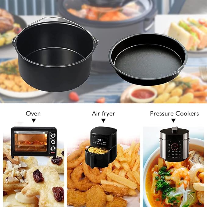 2Pcs Air Fryer Accessories, 7 Inch Air Fryer Pizza Cake Pan and Baking Cake Barrel Deep with Non-Stick Coating,Round Airfryer Baking Cake Pan Accessory Set