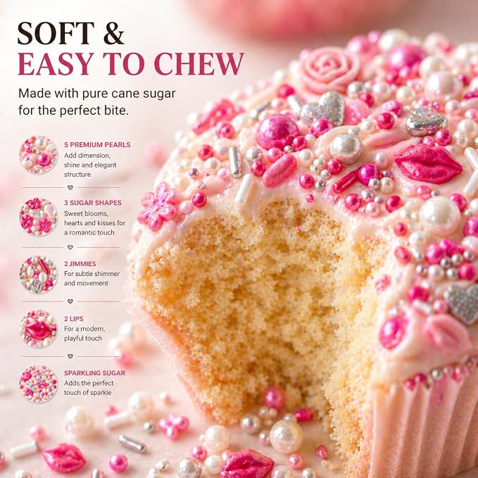 Confect Cake & Cupcake Sprinkles | Love Sprinkles Mix Pink Mini Lips & Roses, Silver Hearts & Vermcelli and White Pearls | Anniversary Sprinkles | Edible sprinkles Mix Pack of 5 (5 Oz)